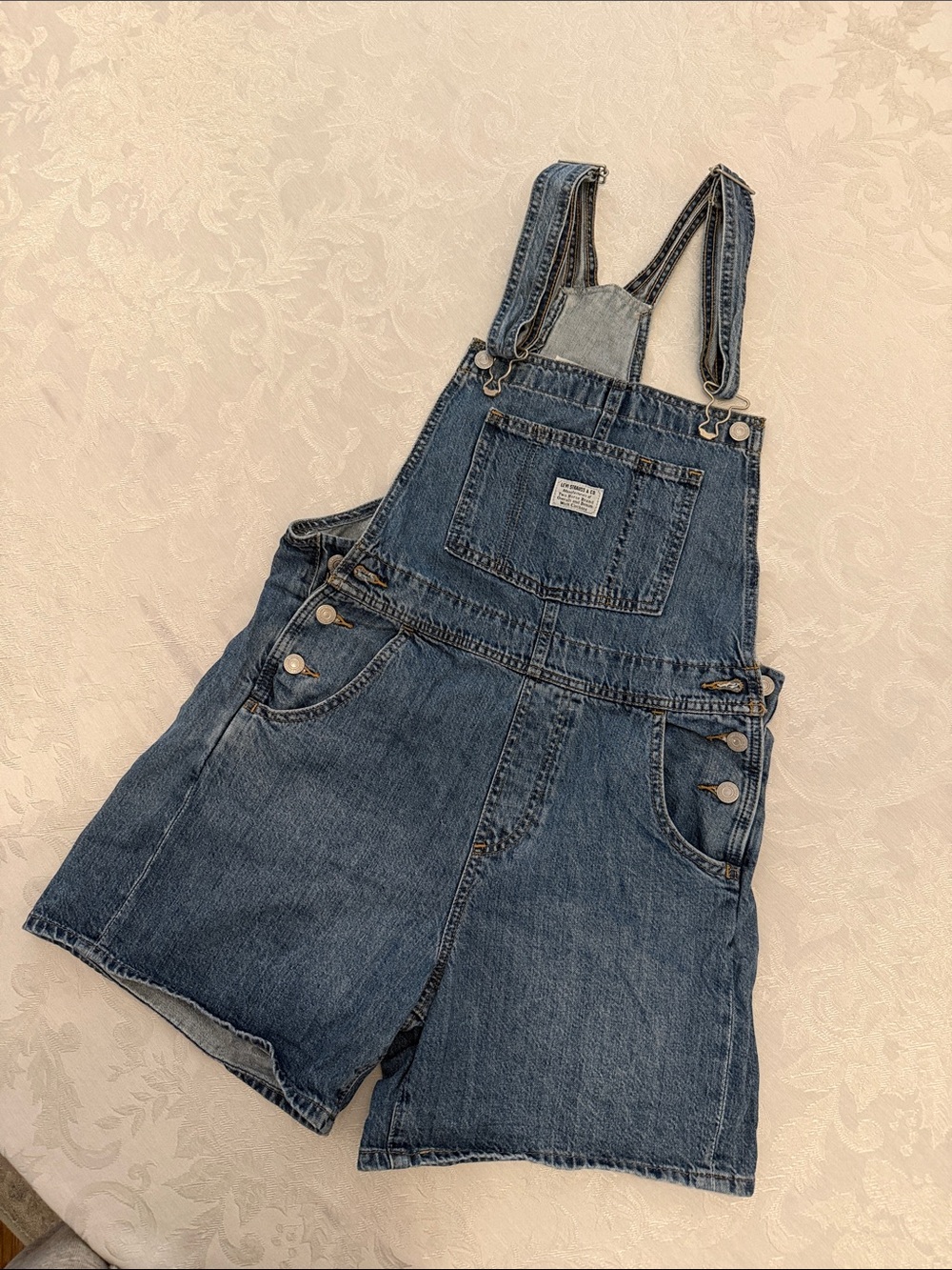 Levi's Blue Denim Short Overalls with Front Bib Pocket